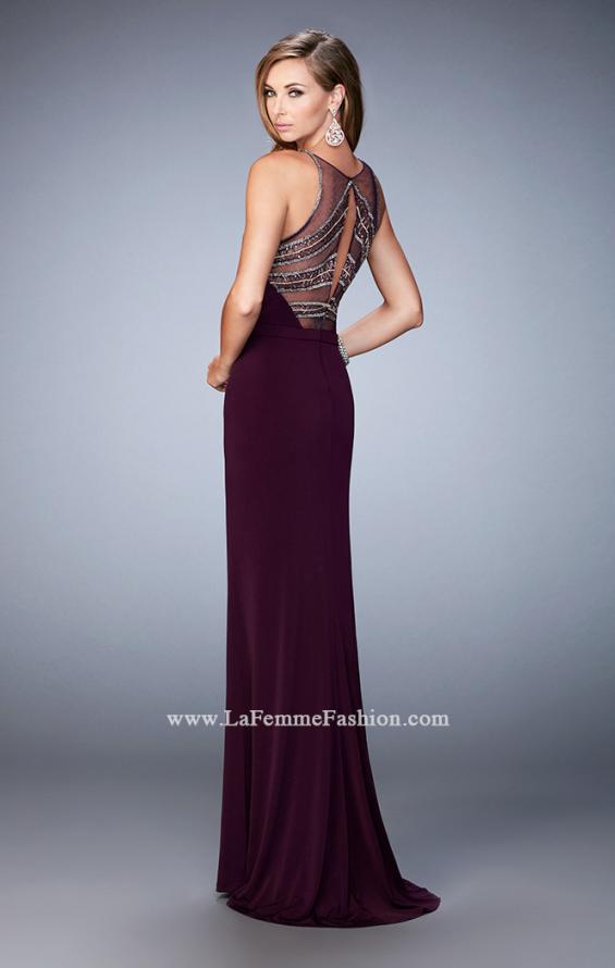 Picture of: Long Jersey Gown with Keyhole Slit and Embellishments in Purple, Style: 22264, Back Picture