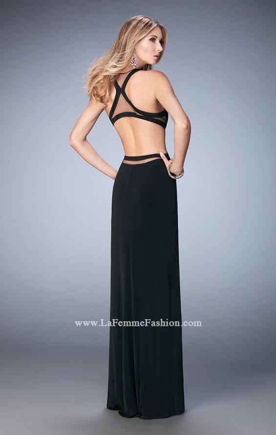Picture of: Long Racer Back Prom Dress with Illusion Neckline in Black, Style: 22265, Back Picture