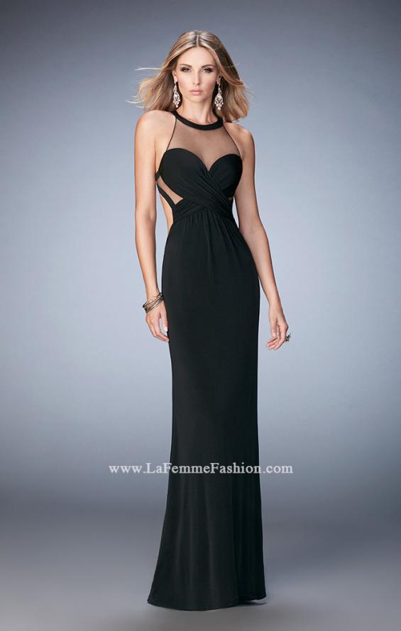 Picture of: Long Racer Back Prom Dress with Illusion Neckline in Black, Style: 22265, Detail Picture 1