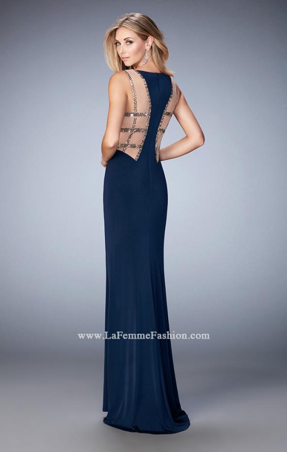 Picture of: Deep V and Racer Back Jersey Prom Dress with Beading in Blue, Style: 22267, Back Picture