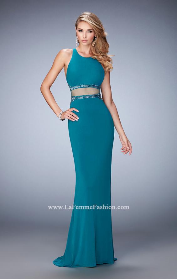 Picture of: Faux Two Piece Gown with Sheer Paneled Back and Beads in Blue, Style: 22272, Main Picture