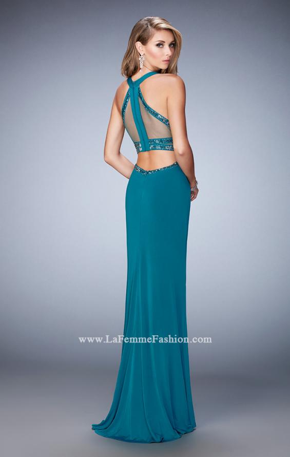 Picture of: Faux Two Piece Gown with Sheer Paneled Back and Beads in Blue, Style: 22272, Back Picture