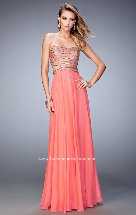 Picture of: Chiffon Prom Dress with Cut Outs and Gold Stud Detail in Orange, Style: 22285, Main Picture
