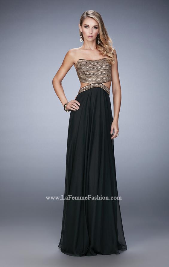 Picture of: Chiffon Prom Dress with Cut Outs and Gold Stud Detail in Black, Style: 22285, Detail Picture 3