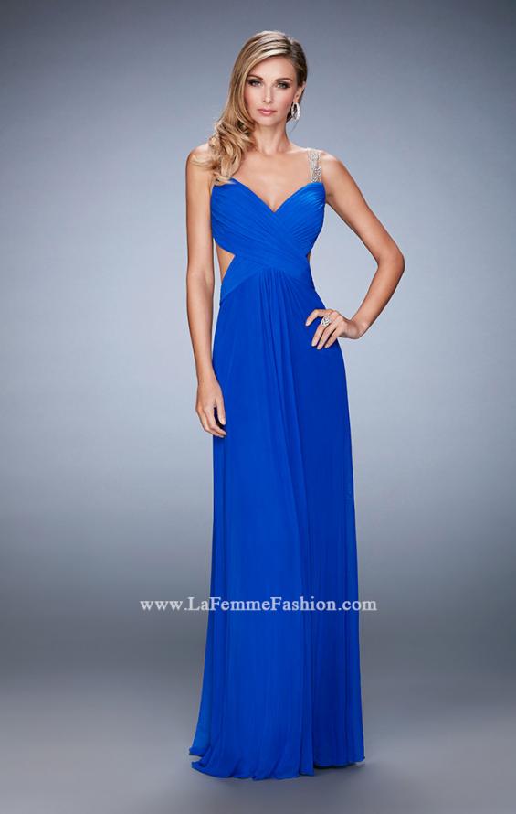 Picture of: Rhinestone Embellished Net Gown with Cut Outs in Blue, Style: 22304, Detail Picture 2