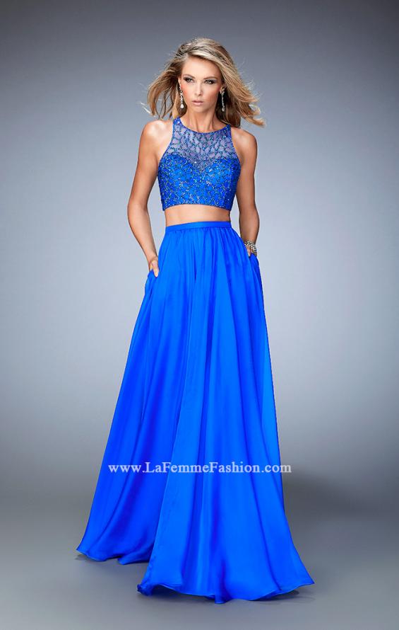 Picture of: Two Piece Chiffon Gown with Illusion Neckline and Pockets in Blue, Style: 22308, Main Picture