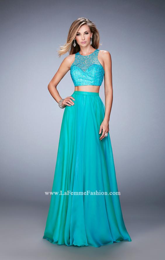 Picture of: Two Piece Chiffon Gown with Illusion Neckline and Pockets in Green, Style: 22308, Detail Picture 1