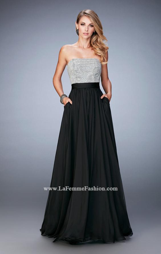 Picture of: Long Prom Dress with Crystals, Pearls, and Pockets in Black, Style: 22318, Detail Picture 3