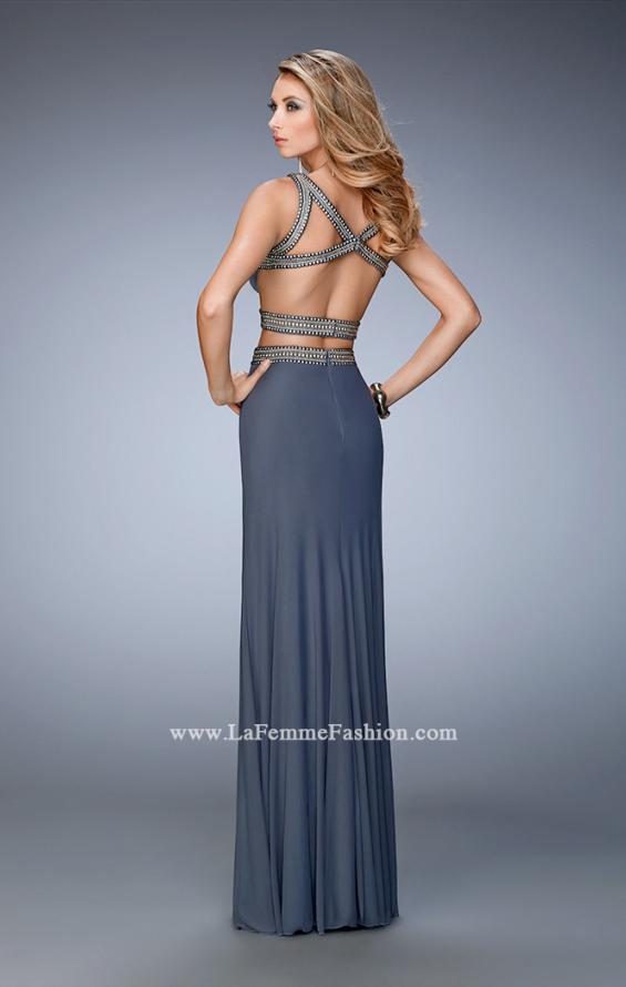 Picture of: Two Piece Prom Dress with Slit and Metallic Stud Detail in Silver, Style: 22319, Back Picture