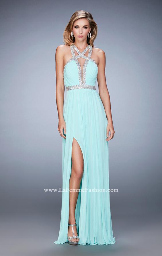 Picture of: Crystal Encrusted Prom Gown with Side Leg Slit in Blue, Style: 22347, Detail Picture 1
