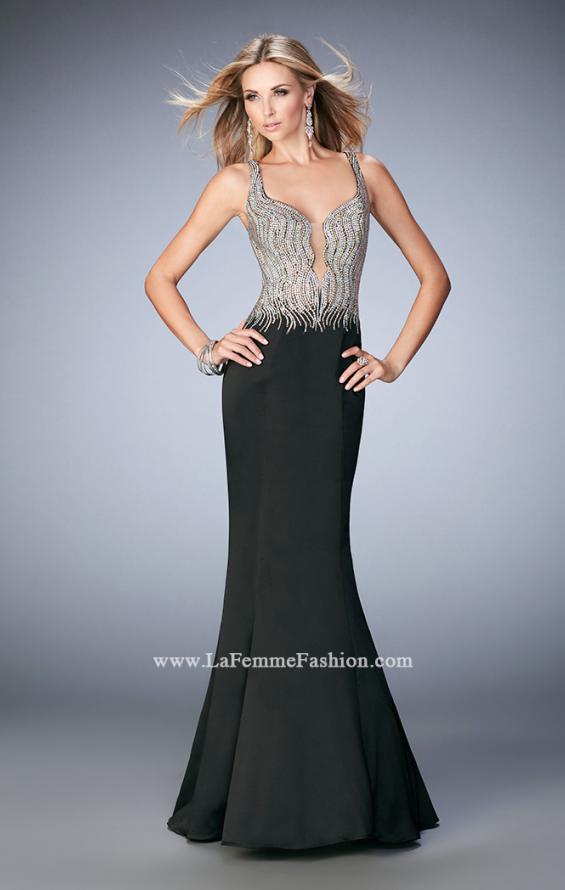 Picture of: Satin Mermaid Gown with Open Back and Cascading Beads in Black, Style: 22365, Main Picture