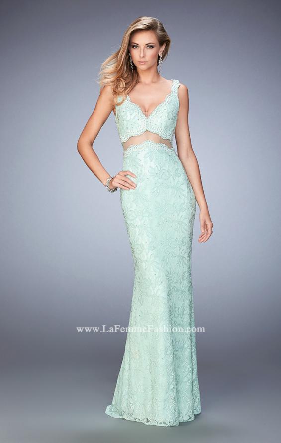 Picture of: Faux Two Piece Lace Dress with Sheer Detail and Stones in Green, Style: 22377, Main Picture