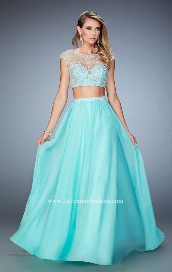 Picture of: Two Piece Illusion Neckline Dress with Pearls and Crystals in Blue, Style: 22387, Main Picture