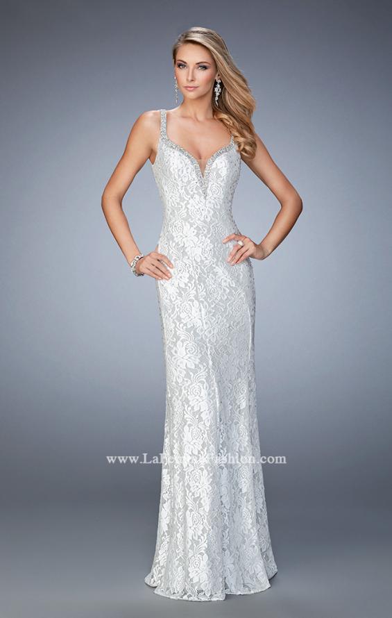 Picture of: White Lace Prom Gown with Crystal Encrusted Neckline in White, Style: 22400, Main Picture