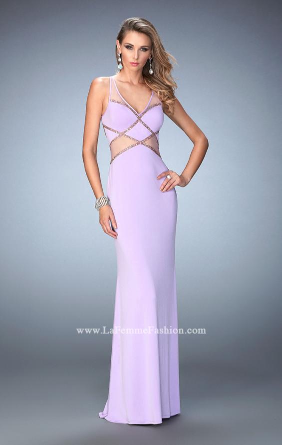 Picture of: Embellished Jersey Prom Dress with Sheer Cut Outs in Purple, Style: 22458, Detail Picture 2