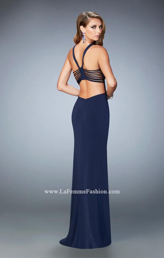 Picture of: Long Jersey Dress with Stripe Detail and Strappy Back in Blue, Style: 22463, Back Picture