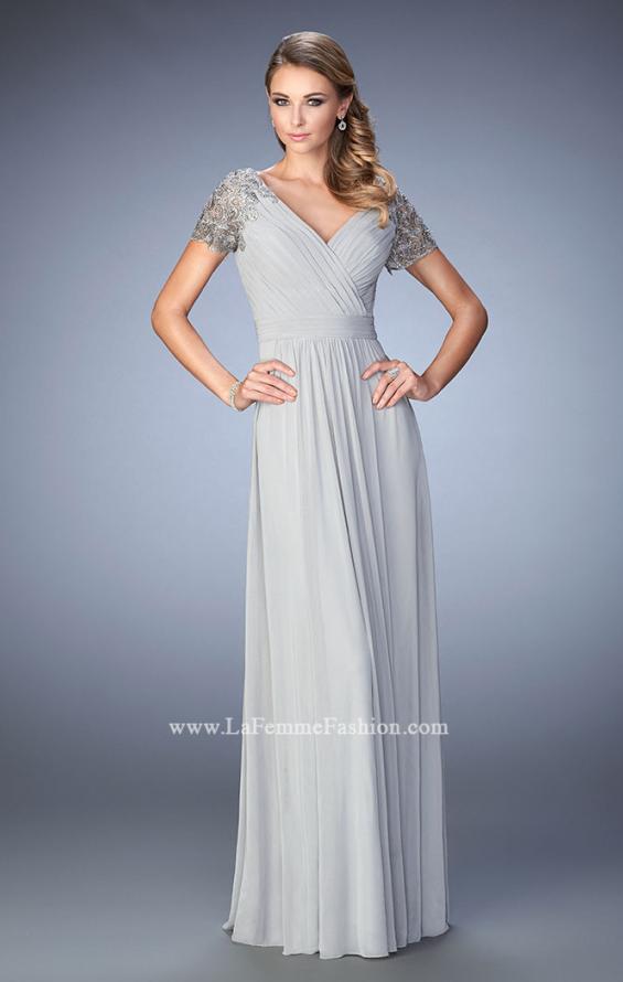 Picture of: Jersey Prom Dress with Lace Sleeves and Pleated Bodice in Silver, Style: 22474, Main Picture