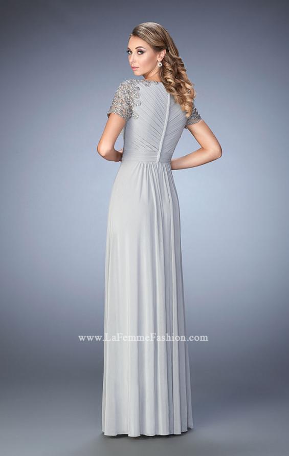 Picture of: Jersey Prom Dress with Lace Sleeves and Pleated Bodice in Silver, Style: 22474, Back Picture