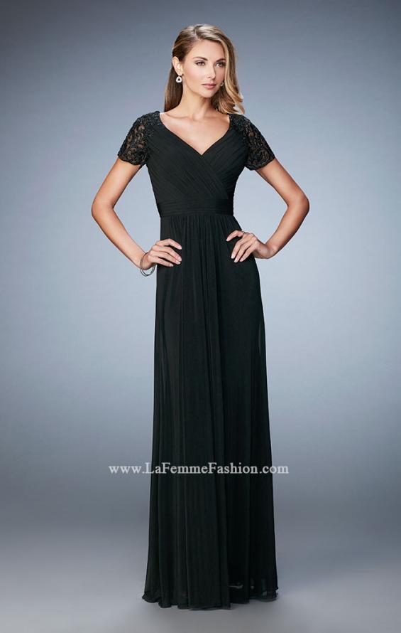 Picture of: Jersey Prom Dress with Lace Sleeves and Pleated Bodice in Black, Style: 22474, Detail Picture 1
