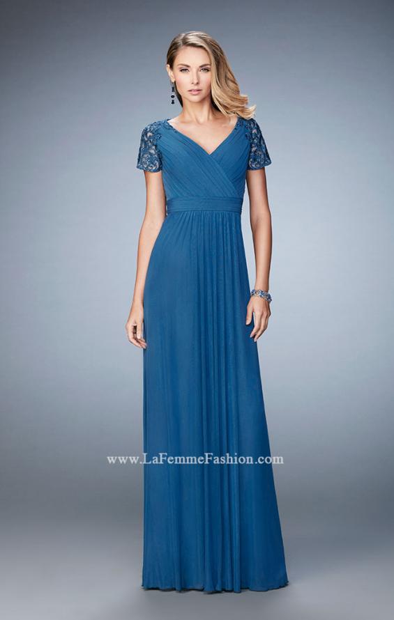 Picture of: Jersey Prom Dress with Lace Sleeves and Pleated Bodice in Blue, Style: 22474, Detail Picture 2