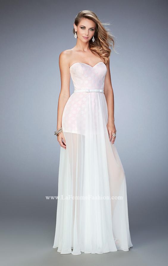 Picture of: Polka Dot Jumper with Long Chiffon Overskirt and Bow in White, Style: 22484, Main Picture