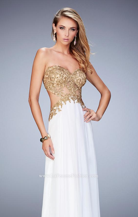 Picture of: Chiffon Prom Dress with Sheer Detail and Lace Applique in White, Style: 22504, Main Picture