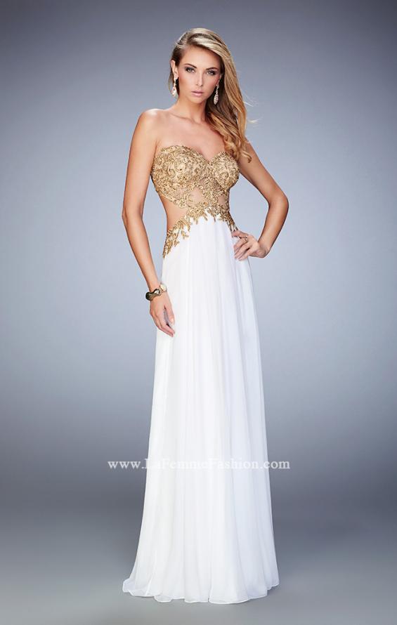 Picture of: Chiffon Prom Dress with Sheer Detail and Lace Applique in White, Style: 22504, Detail Picture 1