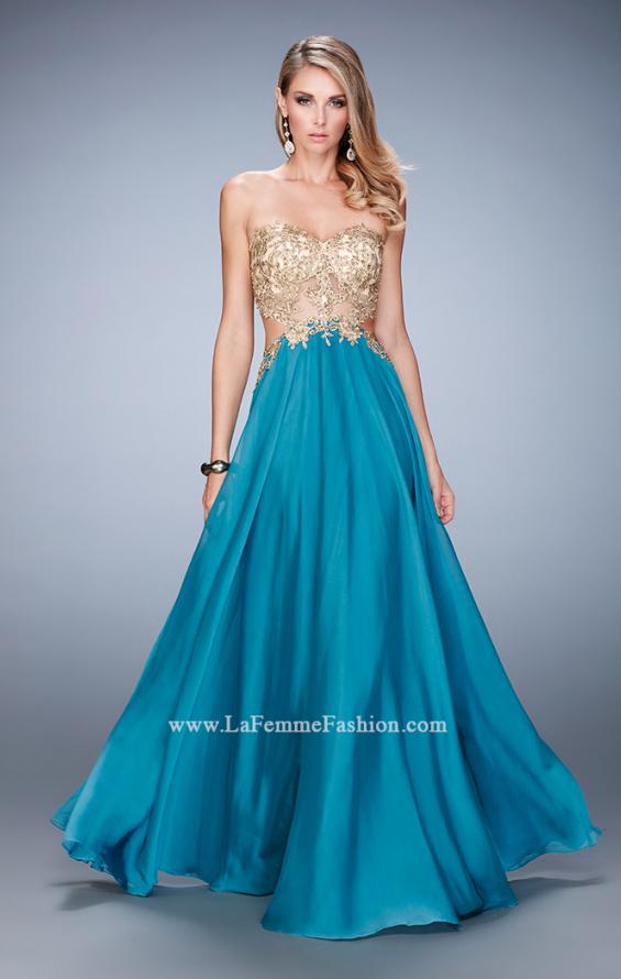 Picture of: Chiffon Prom Dress with Sheer Detail and Lace Applique in Green, Style: 22504, Detail Picture 2