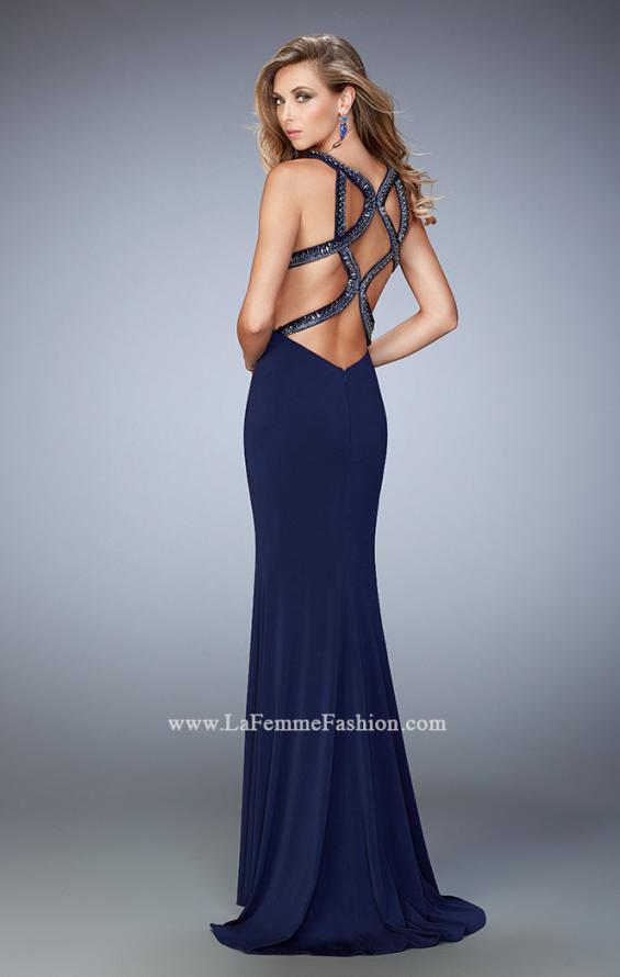 Picture of: Jersey Long Dress with Beaded Neckline and Open Back in Navy, Style: 22589, Back Picture