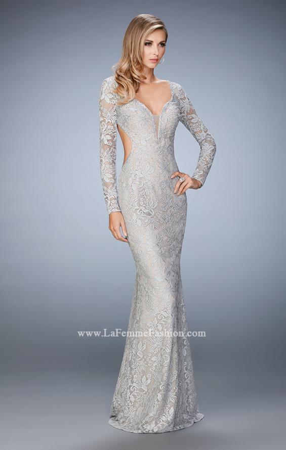 Picture of: Long Sleeve Lace Prom Gown with Plunging Neckline in Silver, Style: 22607, Detail Picture 1