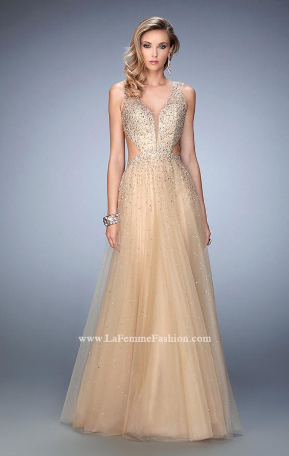 Picture of: Long Embellished Tulle Gown with Plunging Neckline in Nude, Style: 22613, Main Picture