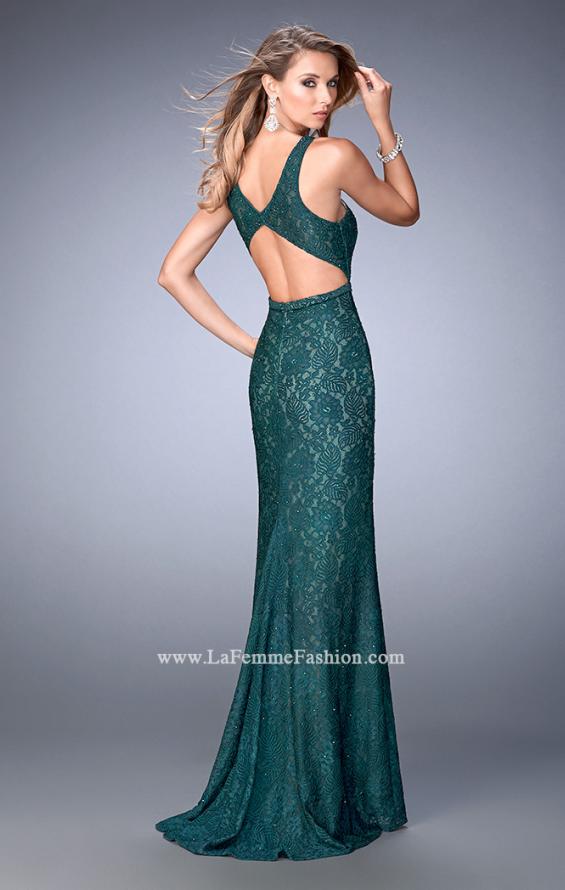 Picture of: Stoned Lace Prom Gown with Criss Cross Neck in Green, Style: 22614, Back Picture
