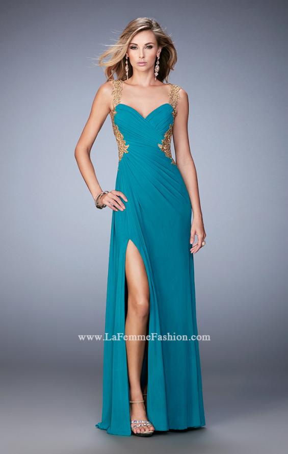 Picture of: Embroidered Net Prom Gown with Open Back in Green, Style: 22616, Detail Picture 1