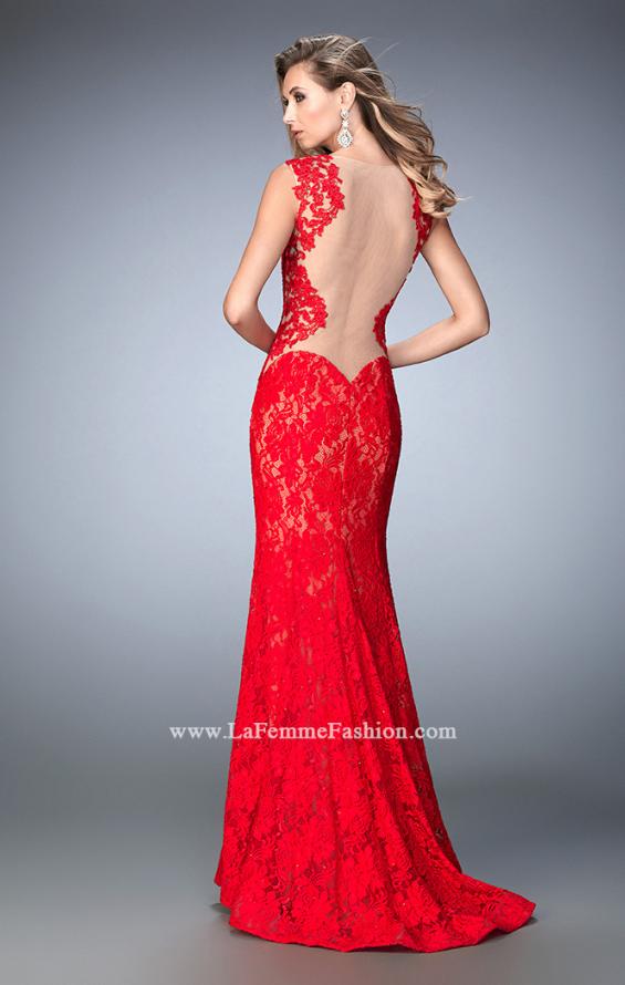 Picture of: Stretch Lace Prom Gown with Open Back and Train in Red, Style: 22617, Back Picture