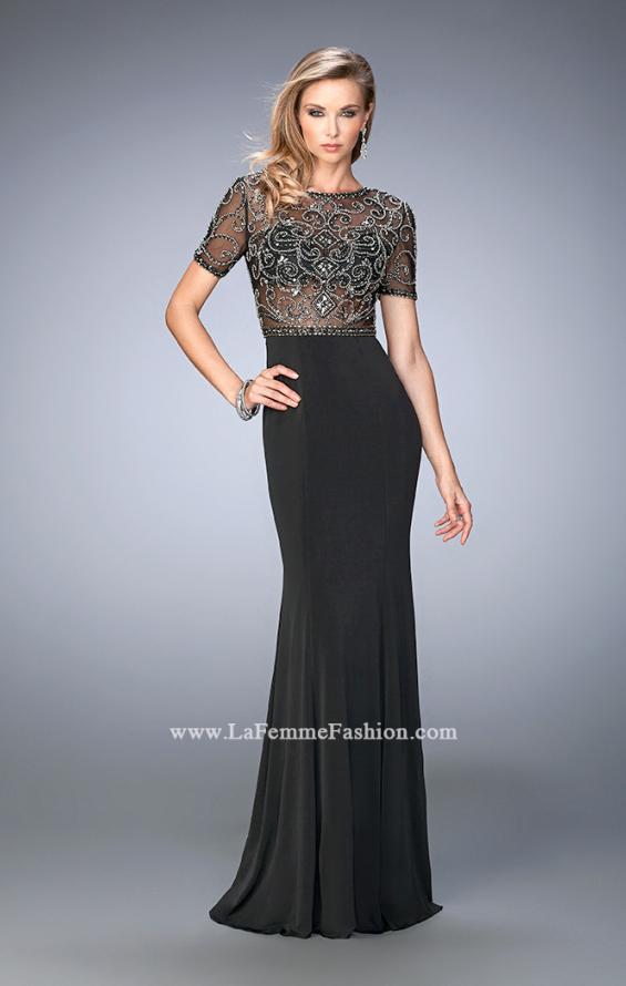 Picture of: Beaded Jersey Prom Dress with Sheer Bodice and Train in Black, Style: 22647, Back Picture