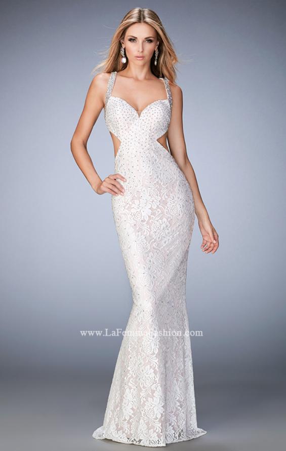 Picture of: Lace Prom Dress with Train, Open Back, and Stones in White, Style: 22740, Back Picture