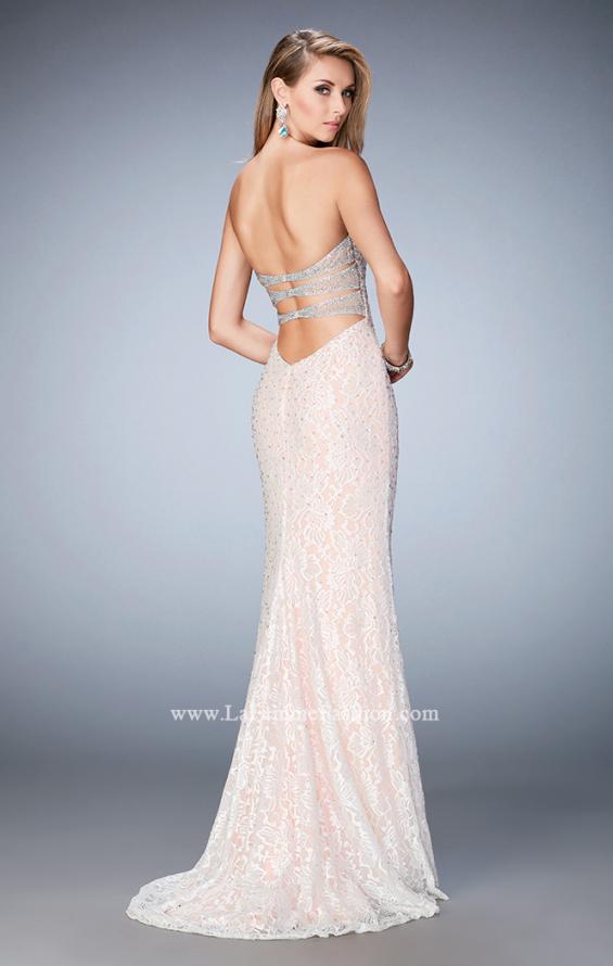 Picture of: Long Lace Prom Gown with Plunging Neckline in White, Style: 22759, Back Picture