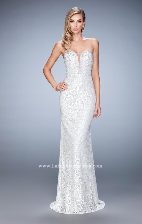Picture of: Long Lace Prom Gown with Plunging Neckline in White, Style: 22759, Detail Picture 1