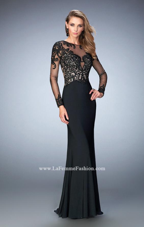 Picture of: Long Sleeve Jersey Dress with Beaded Embroidery in Black, Style: 22773, Main Picture