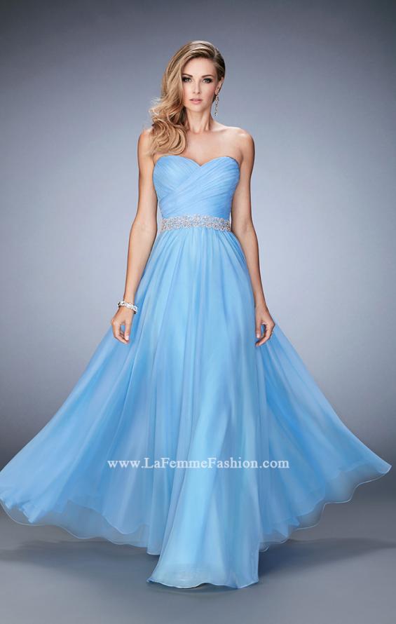Picture of: Chiffon Prom Gown with Gathered Bodice and Pearls in Blue, Style: 22786, Detail Picture 1