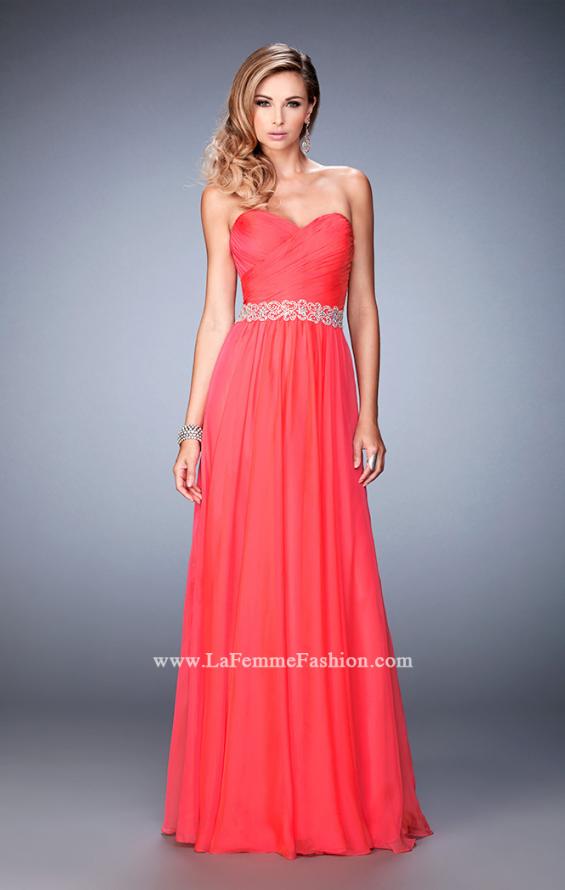 Picture of: Chiffon Prom Gown with Gathered Bodice and Pearls in Orange, Style: 22786, Detail Picture 2