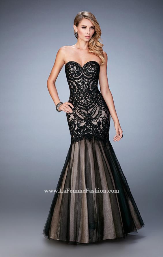 Picture of: Rhinestone Embroidered Prom Gown with Tulle Skirt in Black, Style: 22836, Detail Picture 1