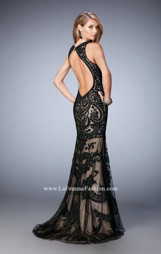 Picture of: Rhinestone Prom Dress with Sheer Neckline and Train in Black, Style: 22837, Back Picture