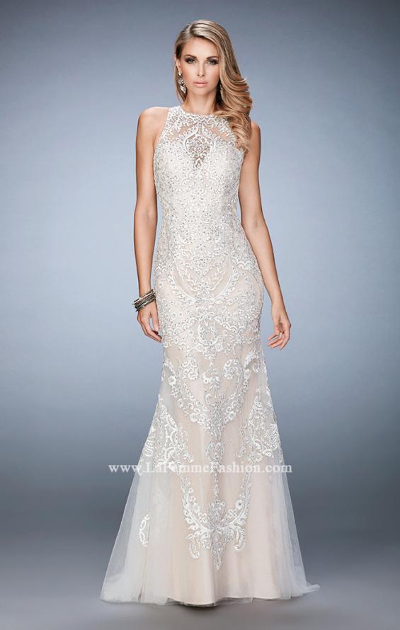 Picture of: Rhinestone Prom Dress with Sheer Neckline and Train in White, Style: 22837, Detail Picture 1