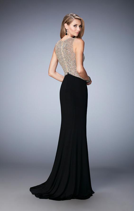 Picture of: Jersey Prom Gown with Train and Sheer Neckline in Black, Style: 22886, Back Picture
