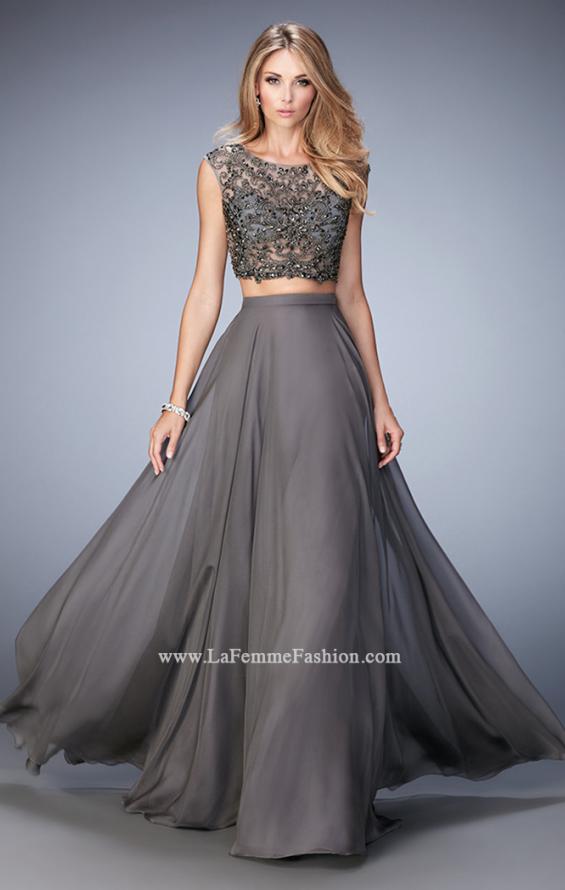 Picture of: Two Piece Chiffon and Beaded Gown with High Neckline in Gray, Style 22929, Main Picture