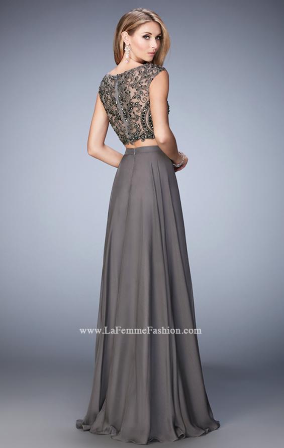 Picture of: Two Piece Chiffon and Beaded Gown with High Neckline in Gray, Style 22929, Back Picture