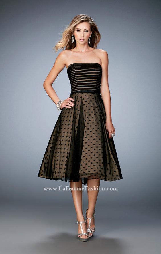 Picture of: Tea Length Dress with Polka Dots and Striped Bodice in Black, Style: 22961, Main Picture