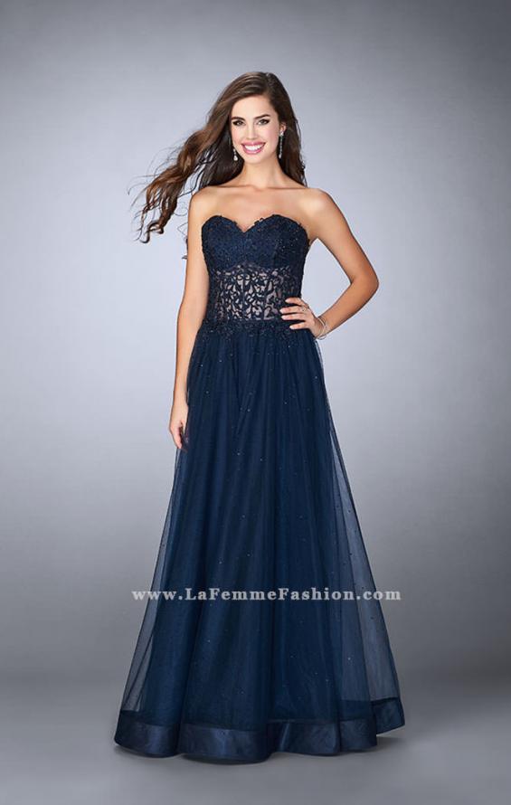 Picture of: Strapless dress with a sheer corset bodice and beaded tulle skirt in Blue, Style: 22964, Main Picture