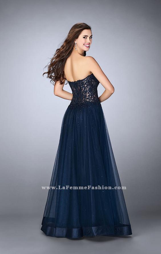 Picture of: Strapless dress with a sheer corset bodice and beaded tulle skirt in Blue, Style: 22964, Back Picture